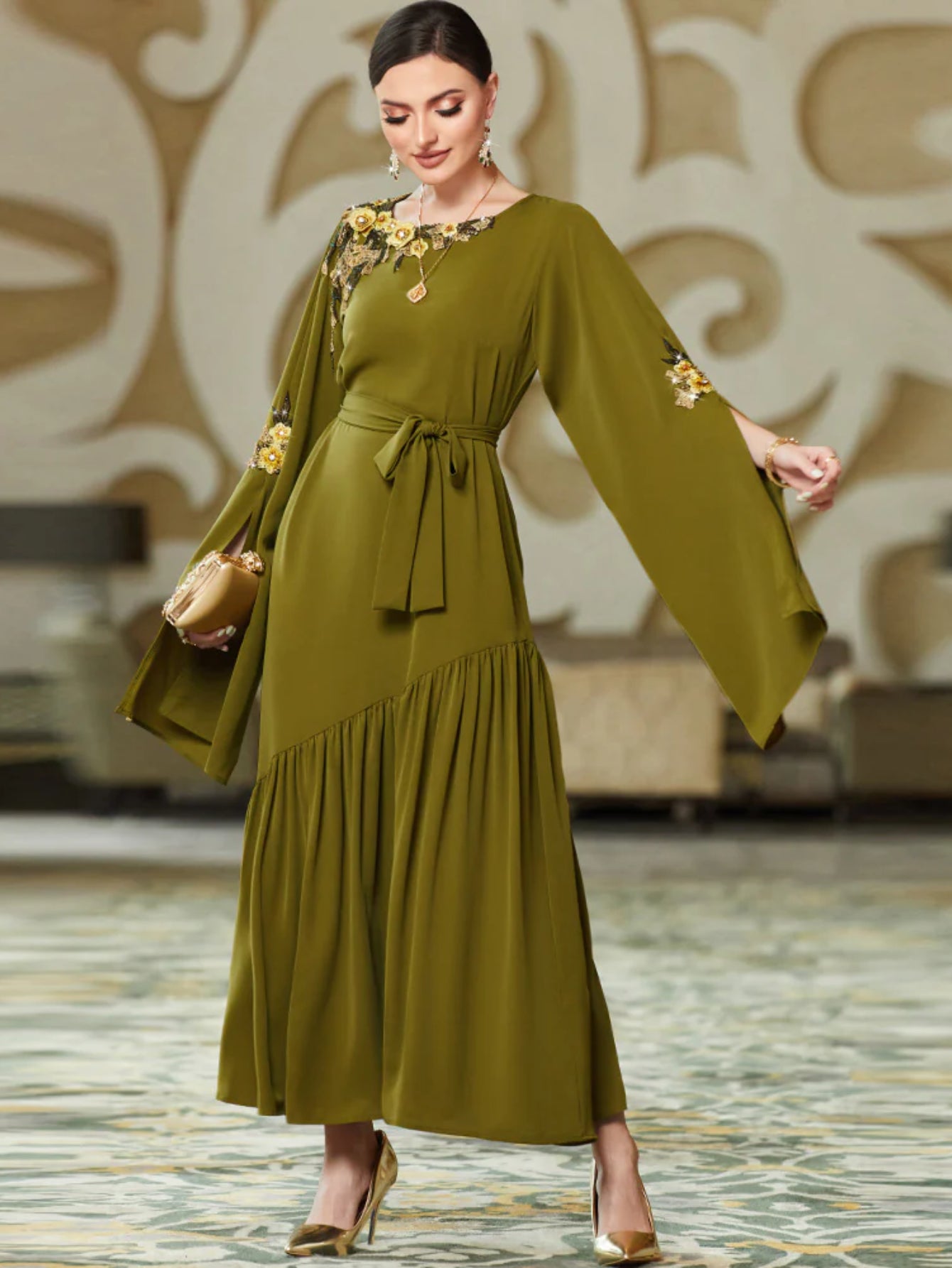 BA3048 New Army Green Middle East Super Long Sleeve Embroidered Decal Dress, Dubai Dress