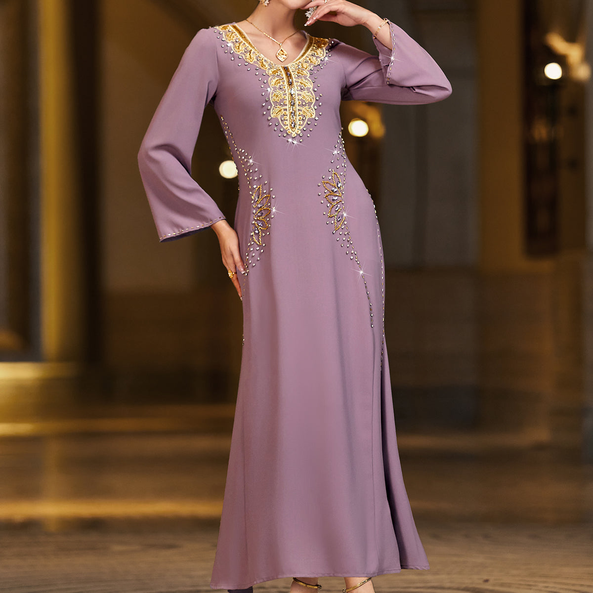 4089 Middle Eastern Style Purple Gold Embroidered Sequin Long Sleeve Maxi Dress - Elegant Sparkling Decorated Gown