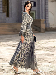 15244 v-neck satin jacquard dress hand-sewn bead elegant long-sleeved dress