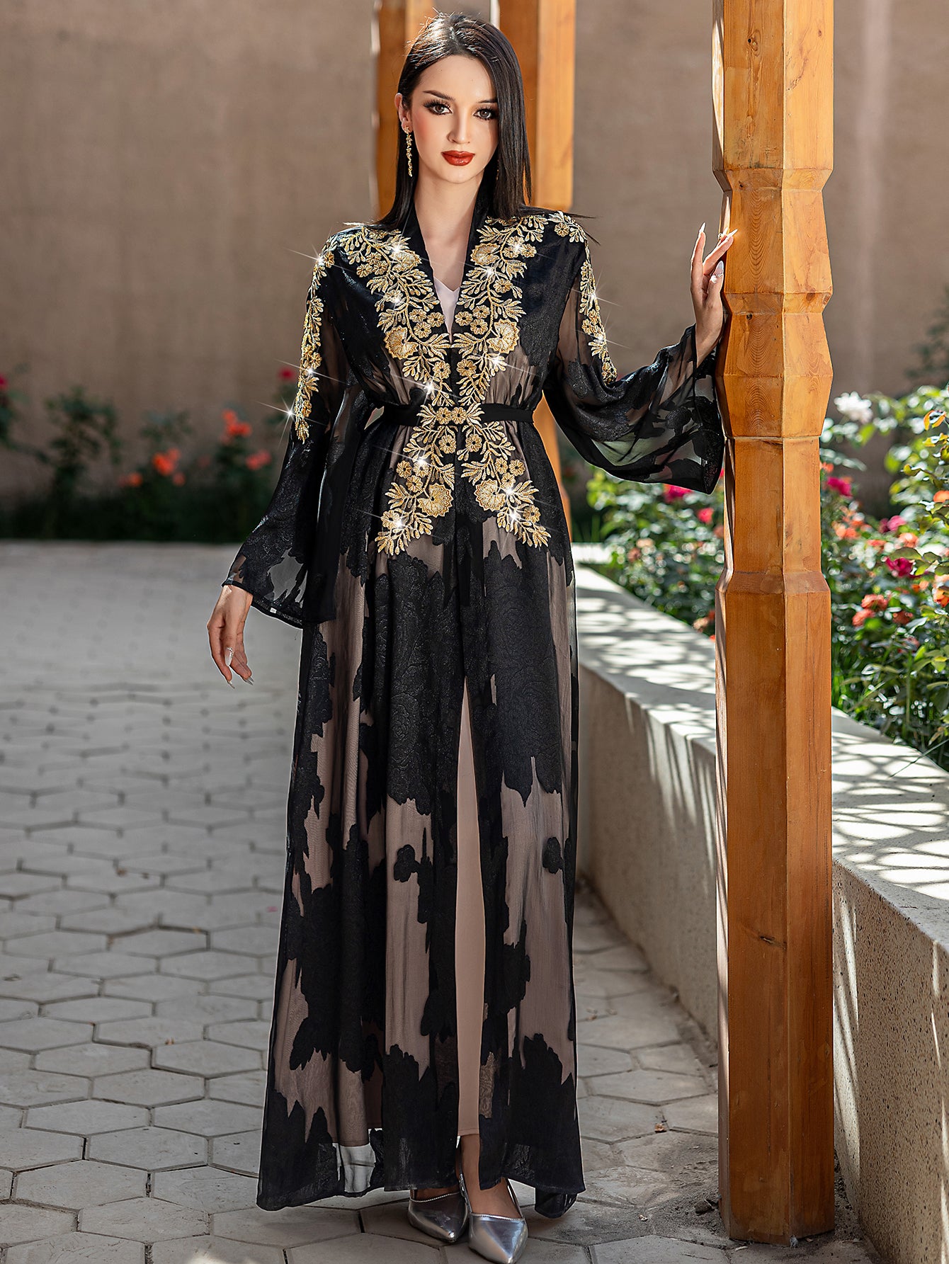5228Arabic Two-Piece Abaya Dress | Black Sheer Embroidered Gown with Layered Silhouette
