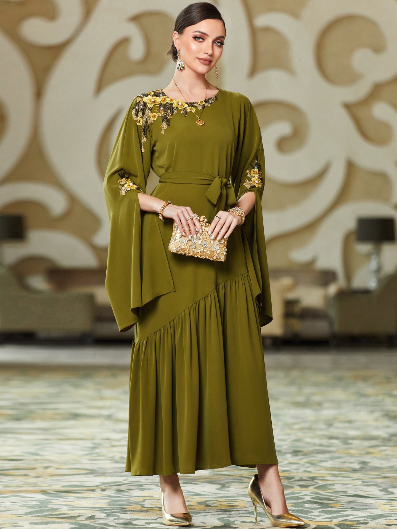 BA3048 Army Green Embroidered Long-Sleeve Dress