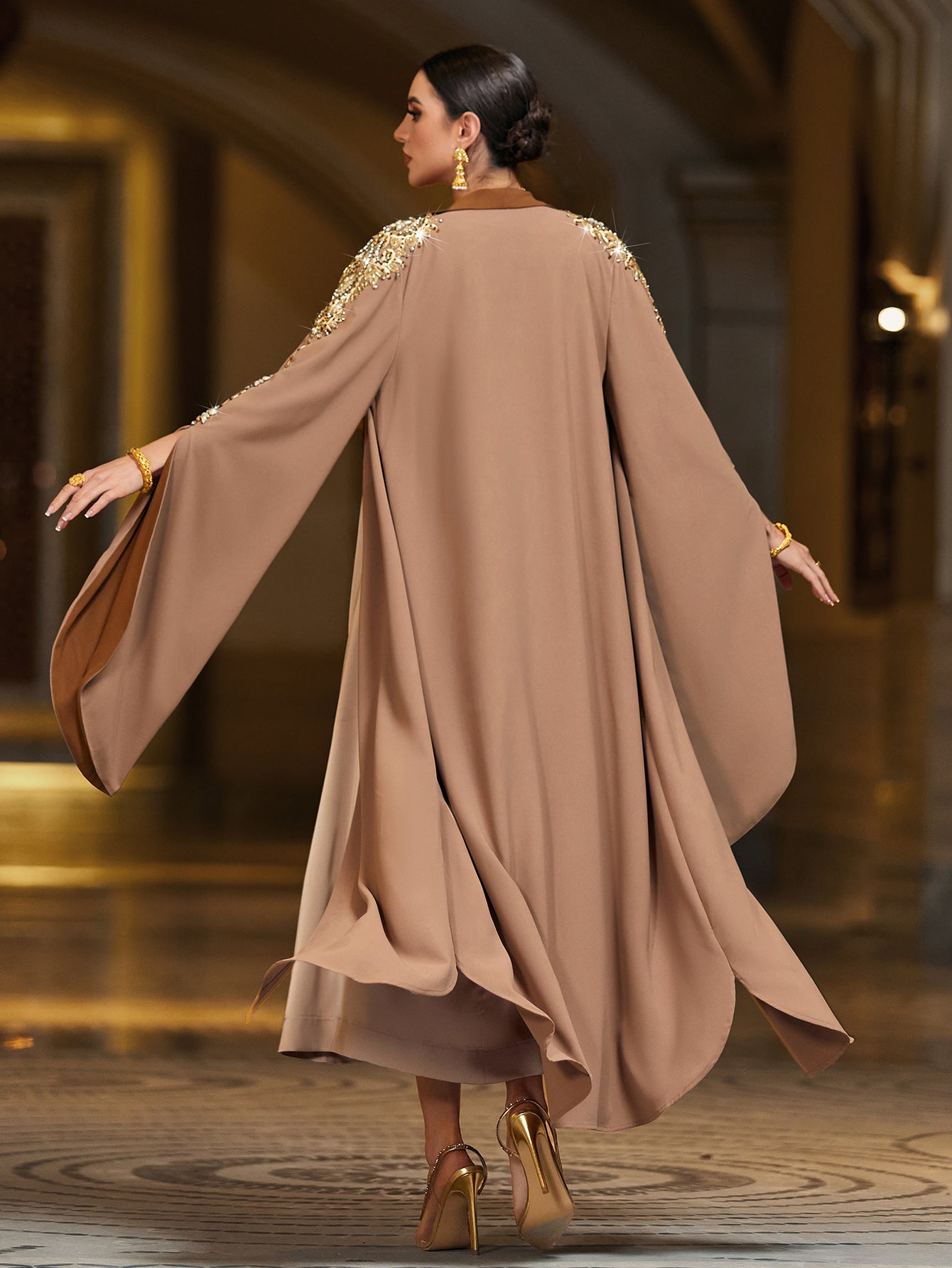 4149 Hand-Swen Bead Embellshments Rhinestone Long Abaya,  Elegant Rmantic Glamorous Vacation Fantasy Long Sleeve