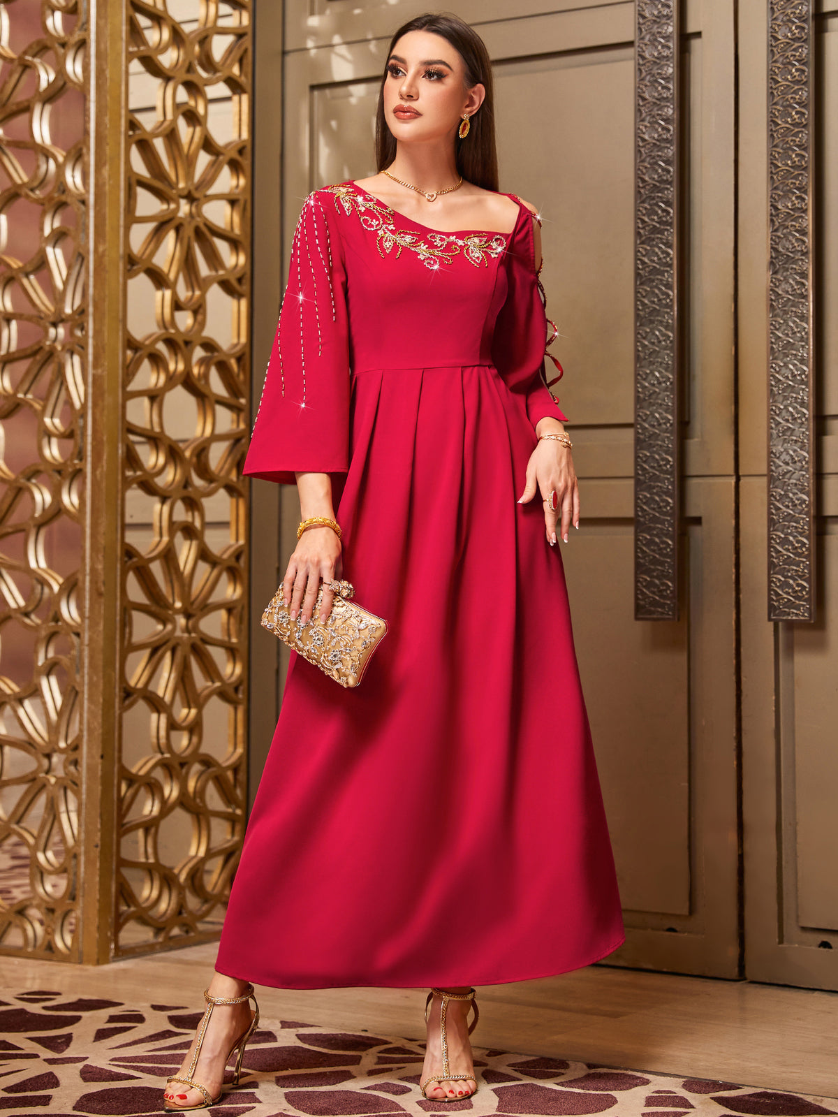 4017 Hand-Swen Bead Embellshments Rhinestone Long Abaya,  Elegant Rmantic Glamorous Vacation Fantasy Long Sleeve