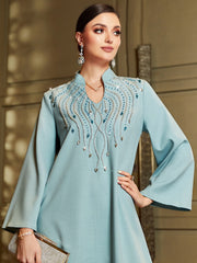 Light Blue Beaded Long-Sleeve Maxi Dress
