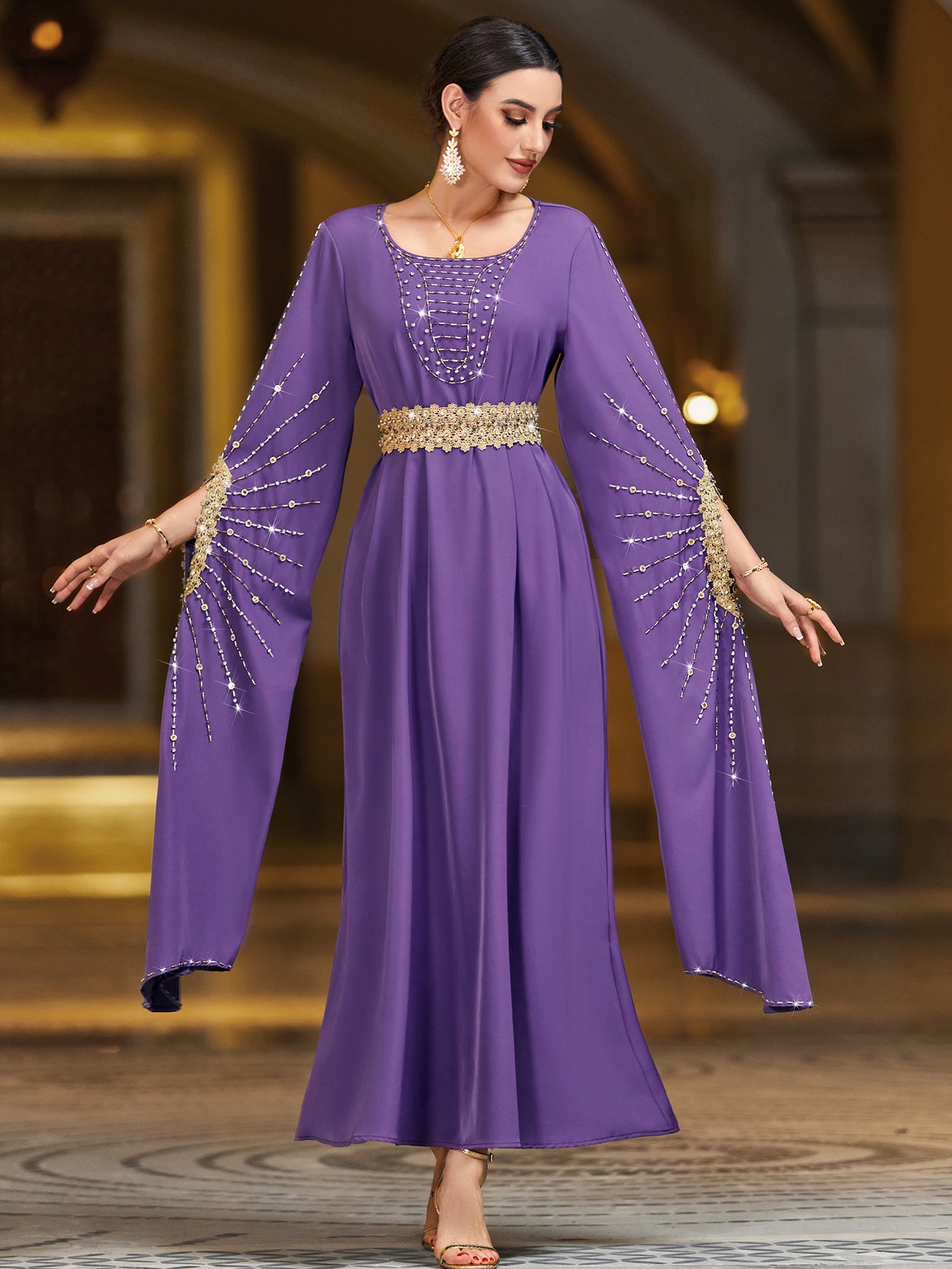 4006 Hand-Swen Bead Embellshments Rhinestone Long Abaya,  Elegant Modest Rmantic Glamorous Vacation Fantasy  Long Sleeve