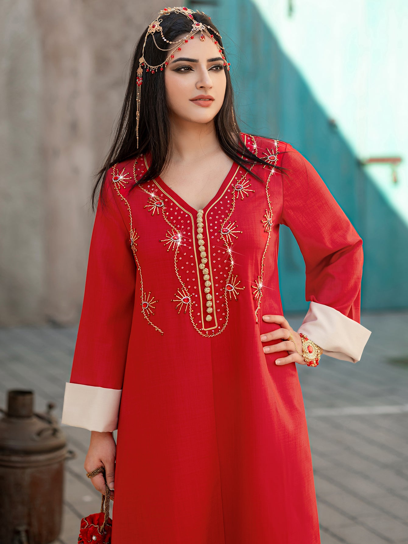 4117 Hand-Swen Bead Embellshments Rhinestone Long Abaya,  Elegant Modest Rmantic Glamorous Vacation Fantasy  Long Sleeve