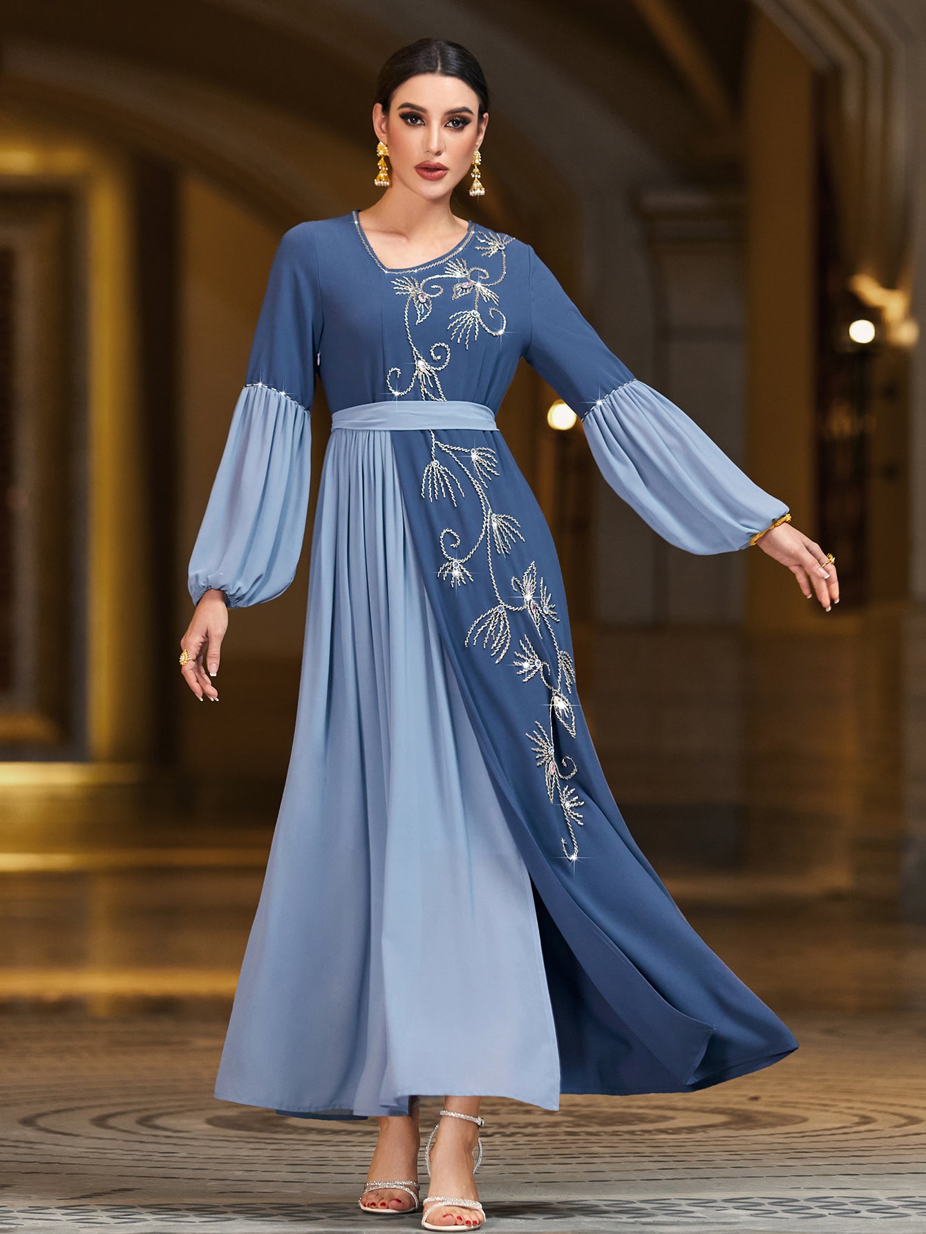 4058 Hand-Swen Bead Embellshments Rhinestone Long Abaya,  Elegant Modest Rmantic Glamorous Vacation Fantasy  Long Sleeve