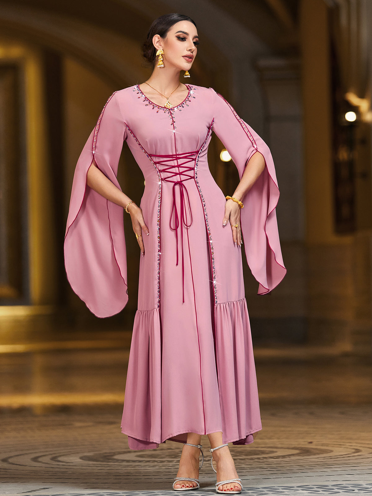 4141 Hand-Swen Bead Embellshments Rhinestone Long Abaya,  Elegant Rmantic Glamorous Vacation Fantasy Long Sleeve