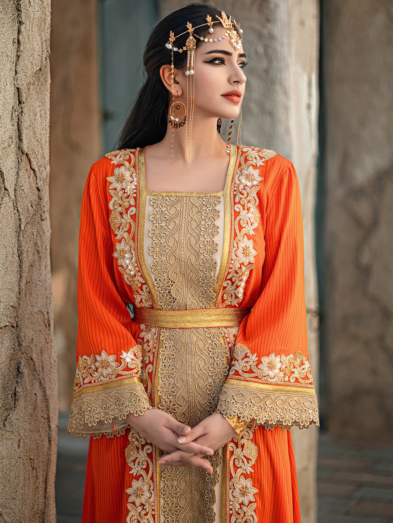 4092 Hand-Swen Bead Embellshments Rhinestone Long Abaya,  Elegant Modest Rmantic Glamorous Vacation Fantasy  Long Sleeve