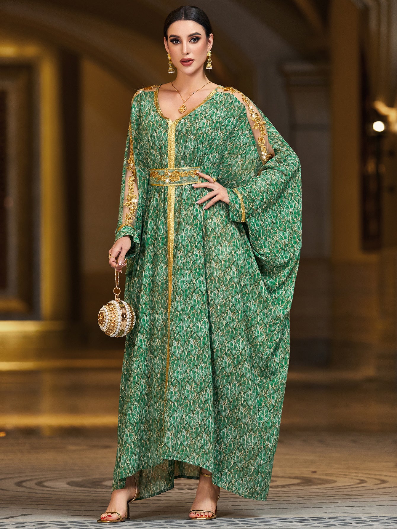 4134 Hand-Swen Bead Embellshments Rhinestone Long Abaya,  Elegant Rmantic Glamorous Vacation Fantasy Long Sleeve