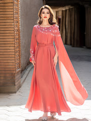 15179 Glamorous Coral Red Abaya Dress – Tassel Beadwork & Waist-Tie Design, Perfect for Festive Events & Grand Occasions