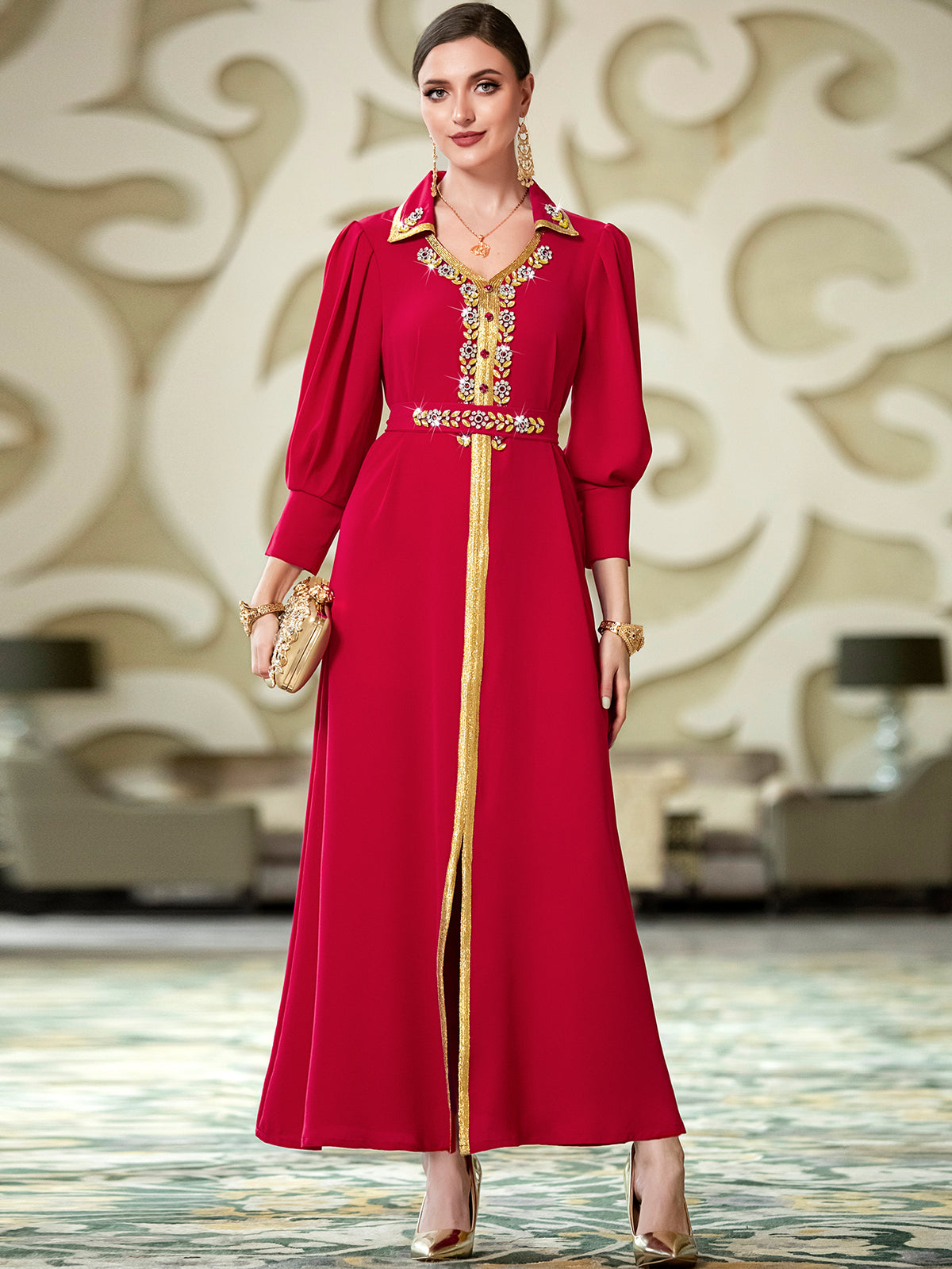 Red Rhinestone-Collar Maxi Dress