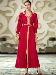 Red Rhinestone-Collar Maxi Dress