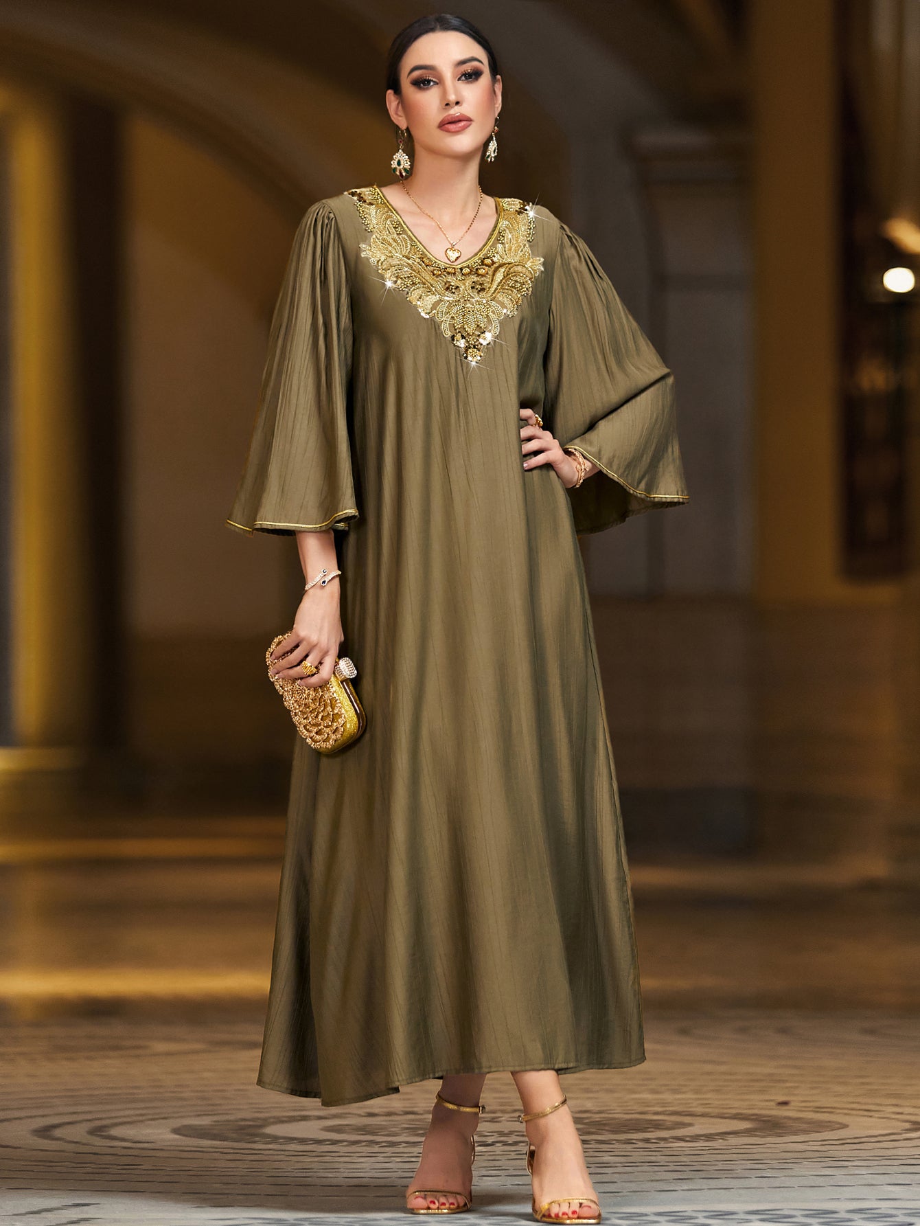 4121 Hand-Swen Bead Embellshments Rhinestone Long Abaya,  Elegant Rmantic Glamorous Vacation Fantasy Short Sleeve
