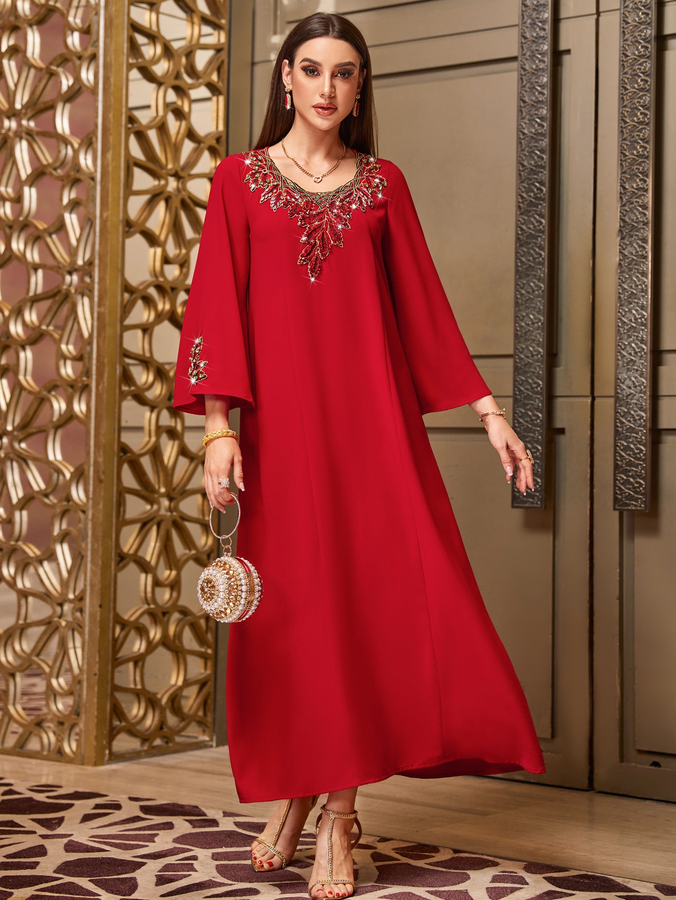 4056 Hand-Swen Bead Embellshments Rhinestone Long Abaya,  Elegant Modest Rmantic Glamorous Vacation Fantasy  Long Sleeve