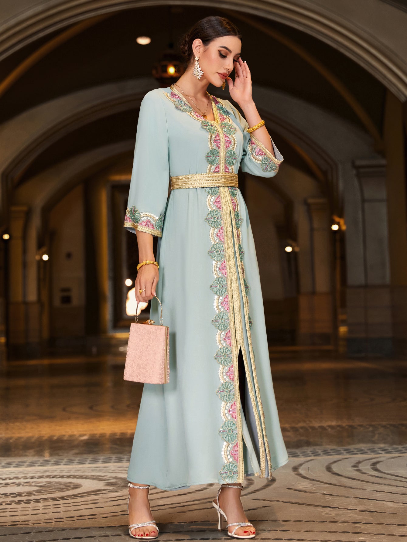 4066 Hand-Swen Bead Embellshments Rhinestone Long Abaya,  Elegant Rmantic Glamorous Vacation Fantasy Short Sleeve