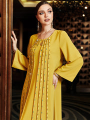 Bright Yellow Striped-Bead Kaftan Dress