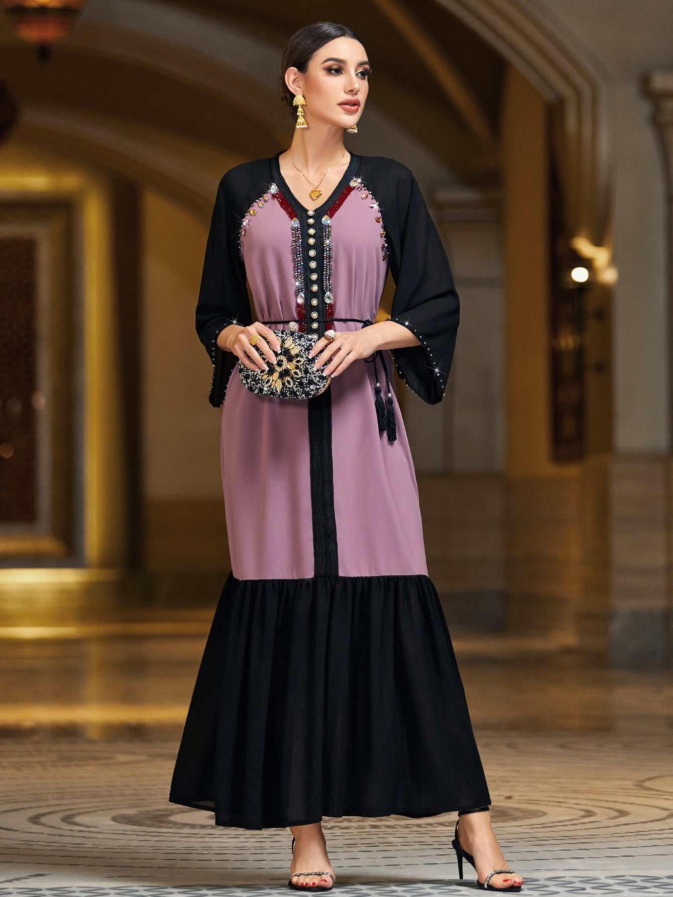 4142 Hand-Swen Bead Embellshments Rhinestone Long Abaya,  Elegant Rmantic Glamorous Vacation Fantasy Short Sleeve