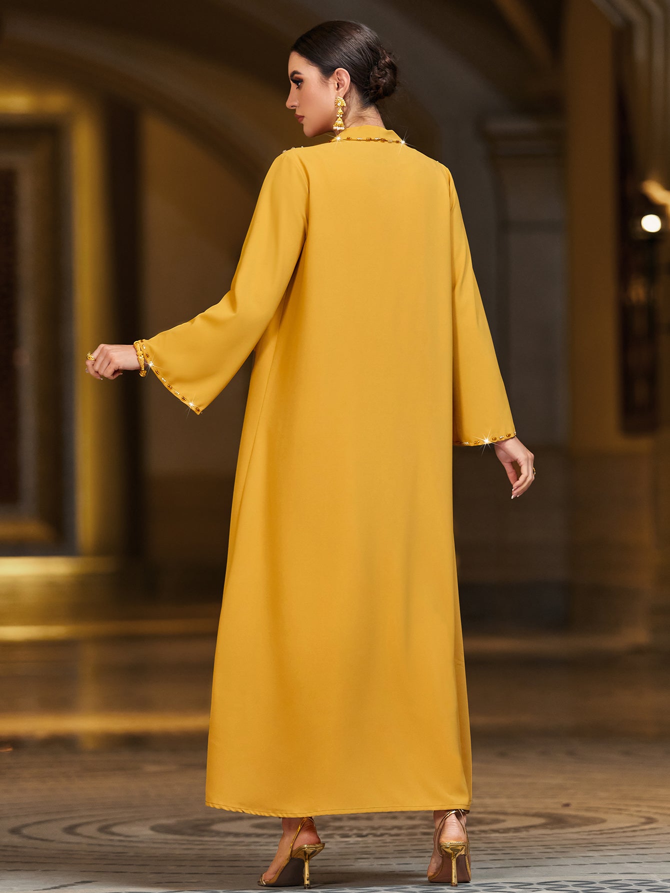 4016 Hand-Swen Bead Embellshments Rhinestone Long Abaya,  Elegant Rmantic Glamorous Vacation Fantasy Long Sleeve