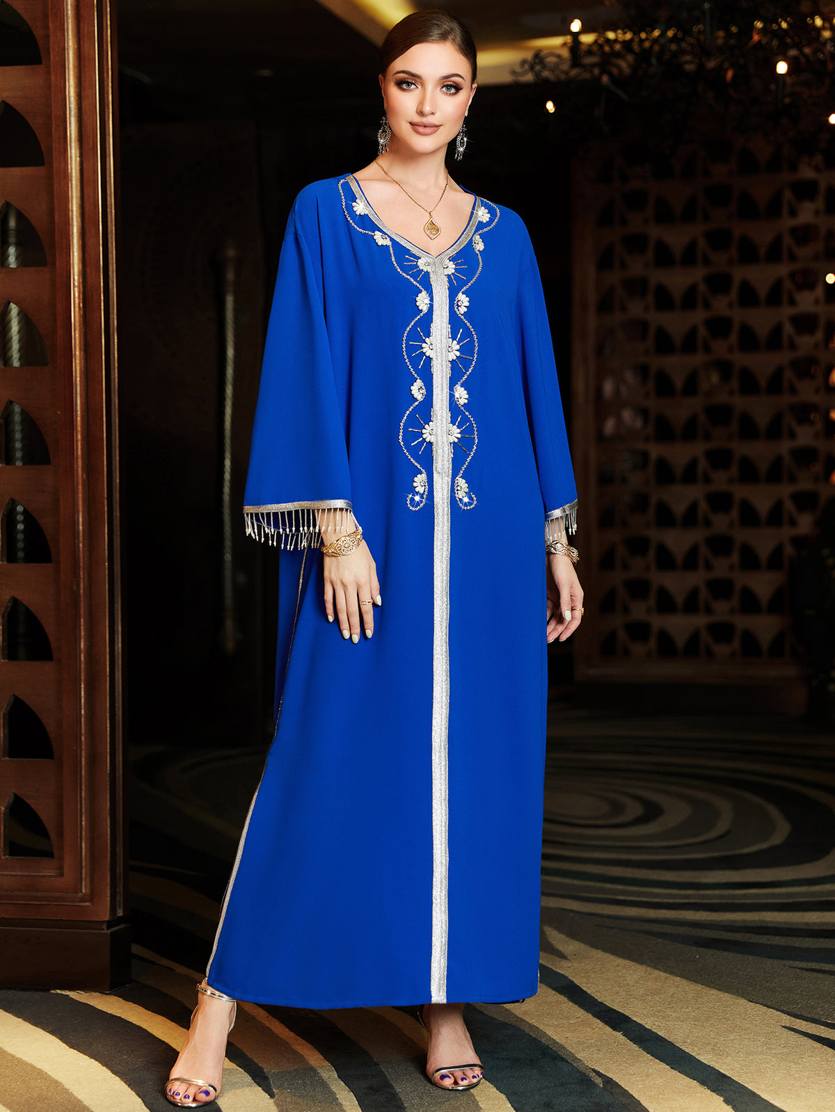 Royal Blue Beaded Fringe-Sleeve Dress