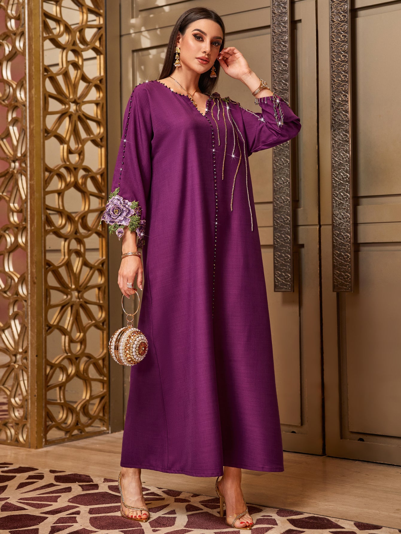 4010 Hand-Swen Bead Embellshments Rhinestone Long Abaya,  Elegant Rmantic Glamorous Vacation Fantasy Long Sleeve