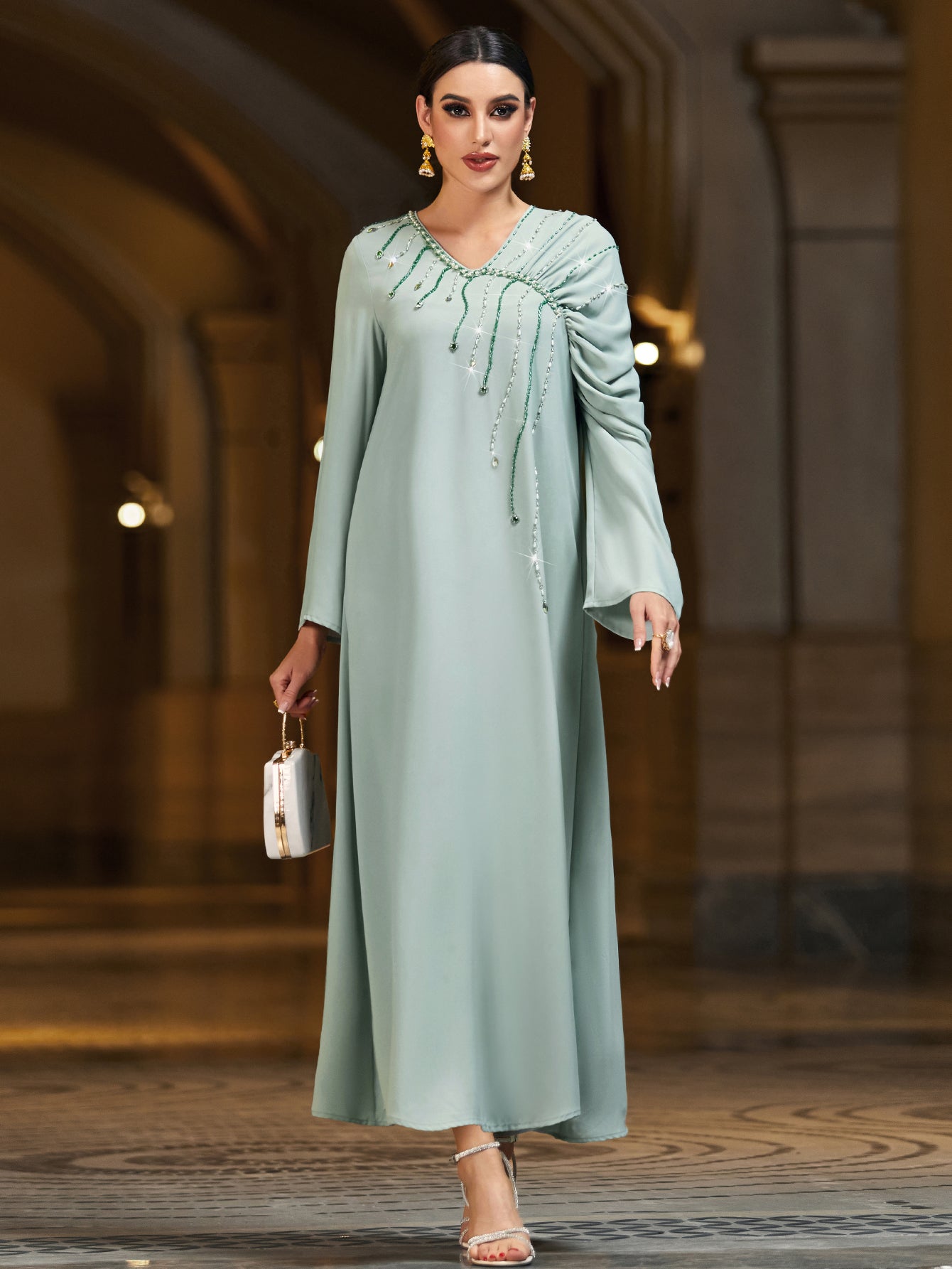 4046 Hand-Swen Bead Embellshments Rhinestone Long Abaya,  Elegant Modest Rmantic Glamorous Vacation Fantasy  Long Sleeve
