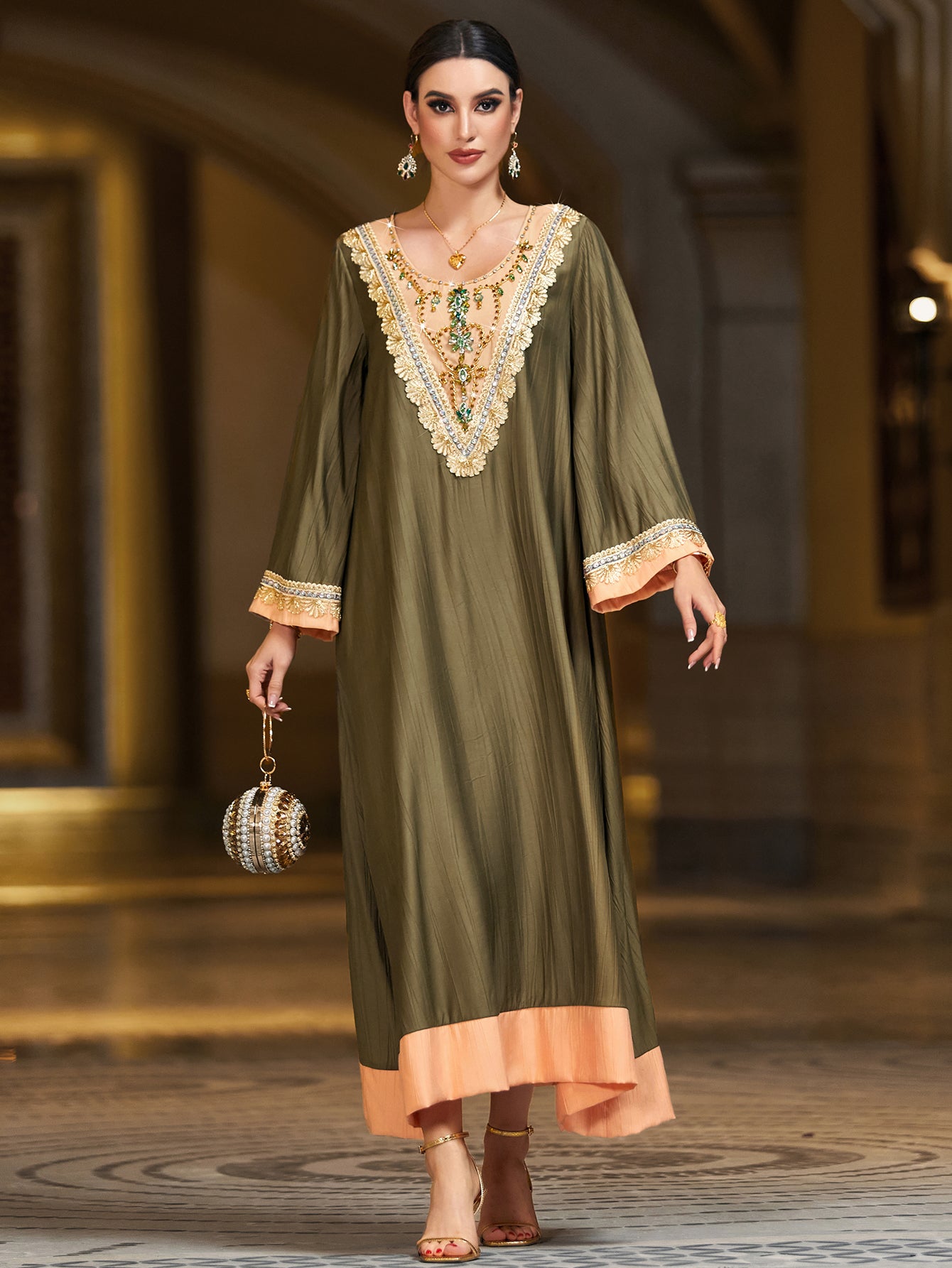 4131 Hand-Swen Bead Embellshments Rhinestone Long Abaya,  Elegant Modest Rmantic Glamorous Vacation Fantasy  Long Sleeve