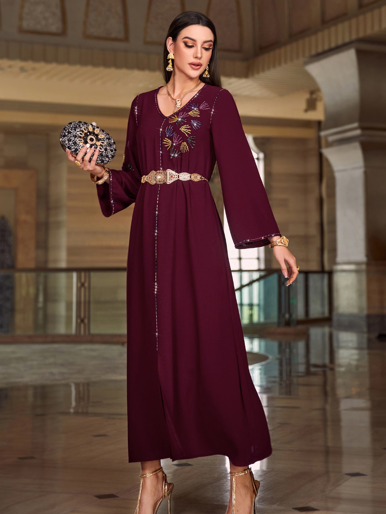 4126 Hand-Swen Bead Embellshments Rhinestone Long Abaya,  Elegant Modest Rmantic Glamorous Vacation Fantasy  Long Sleeve