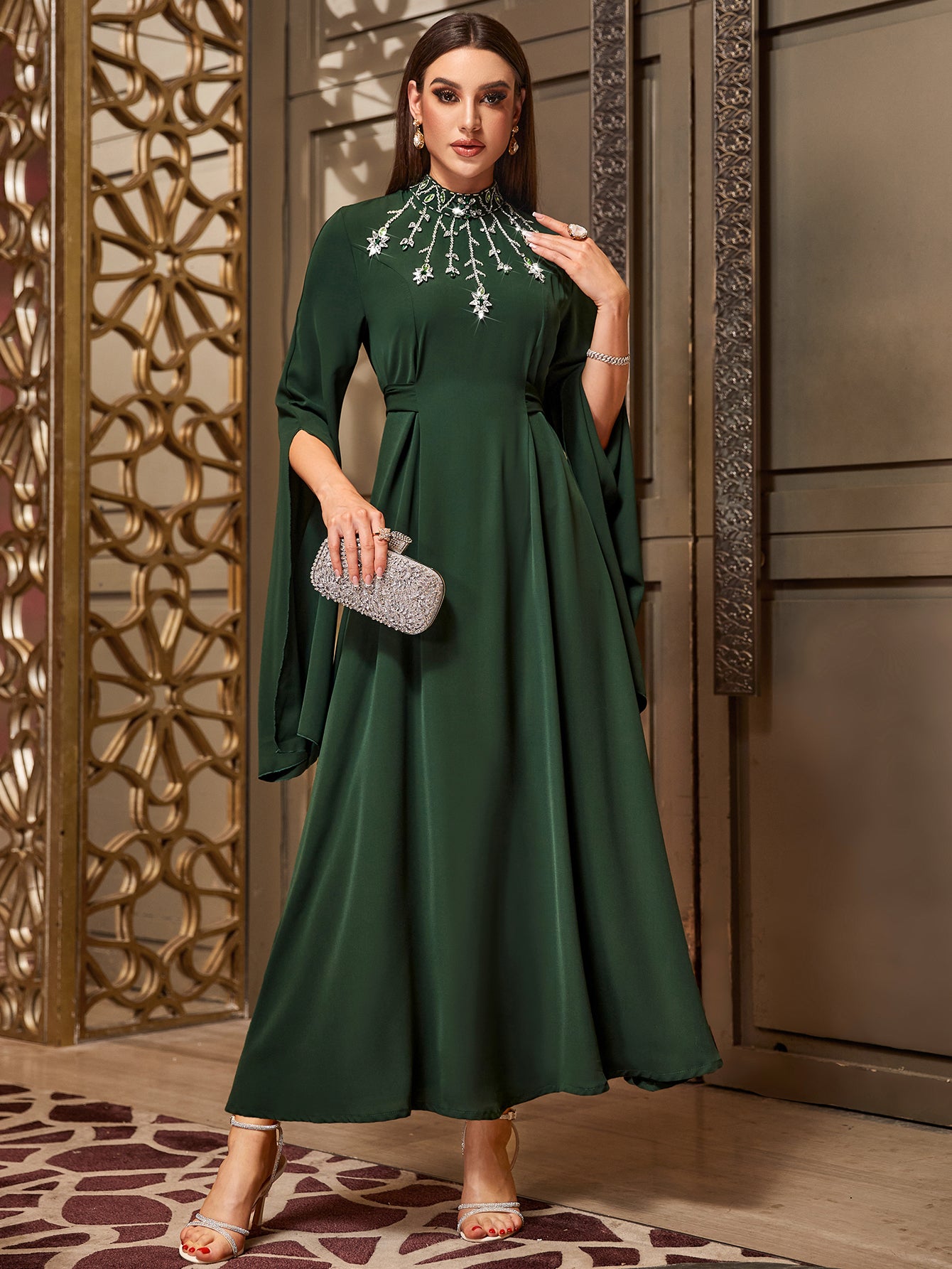 4035 Hand-Swen Bead Embellshments Rhinestone Long Abaya,  Elegant Modest Rmantic Glamorous Vacation Fantasy  Long Sleeve