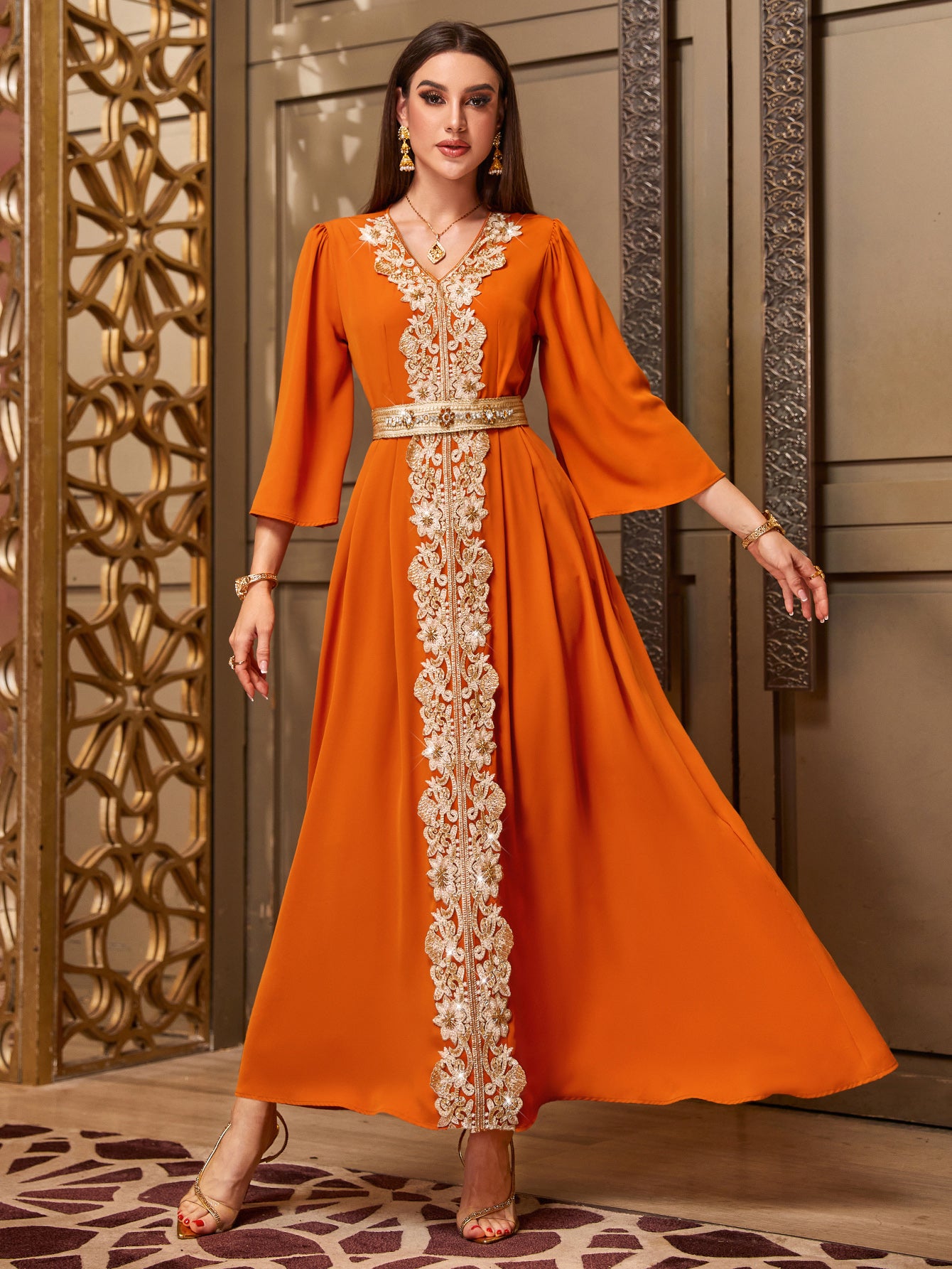 4070 Hand-Swen Bead Embellshments Rhinestone Long Abaya,  Elegant Rmantic Glamorous Vacation Fantasy Short Sleeve
