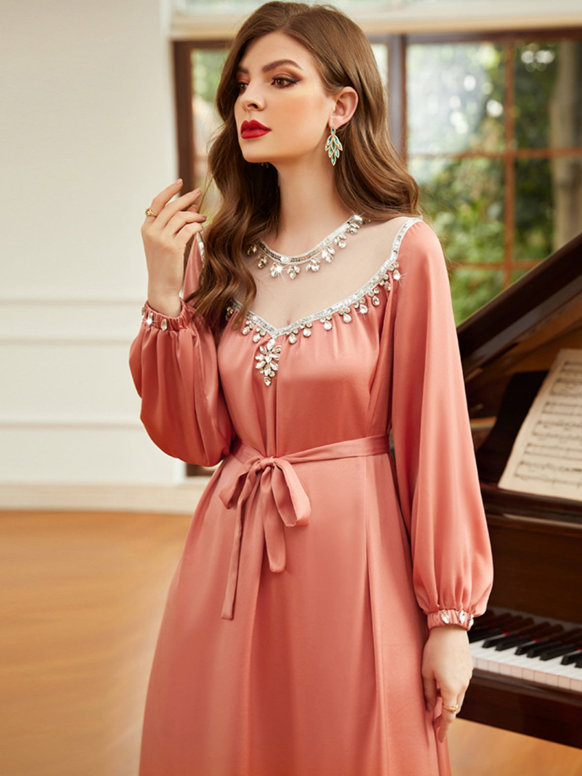 Coral Pink Embellished Tie-Waist Gown