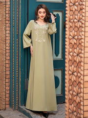 15214 Olive Green Beaded Abaya Dress | V-Neck Design with Delicate Bead Chains, Showcasing Gentle Elegance