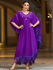 4144 Hand-Swen Bead Embellshments Rhinestone Long Abaya,  Elegant Rmantic Glamorous Vacation Fantasy Short Sleeve