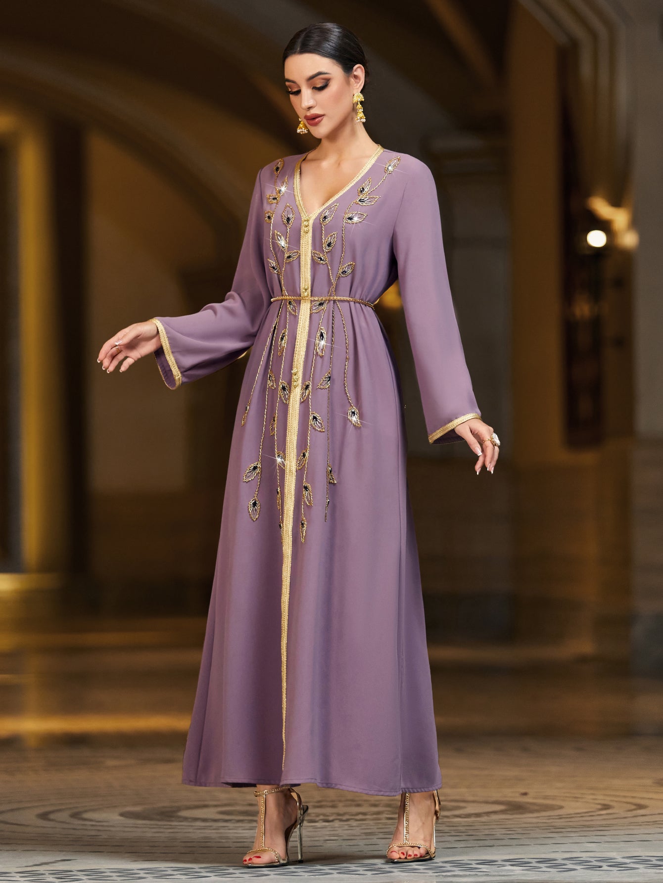 4032 Hand-Swen Bead Embellshments Rhinestone Long Abaya,  Elegant Rmantic Glamorous Vacation Fantasy Long Sleeve