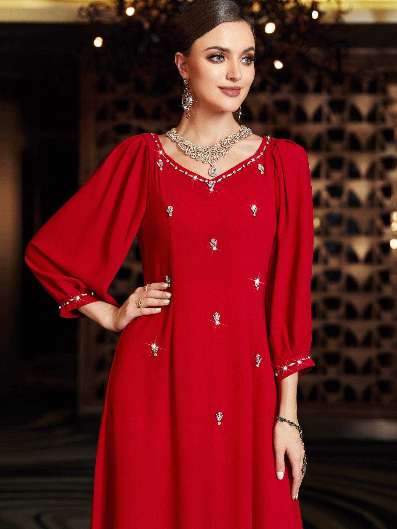 BA3054 Red Rhinestone Lantern-Sleeve Dress