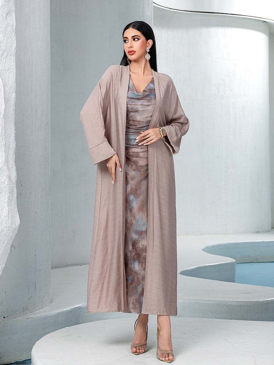 Light Brown Two-Piece Abaya Set - front full-length view with printed inner dress