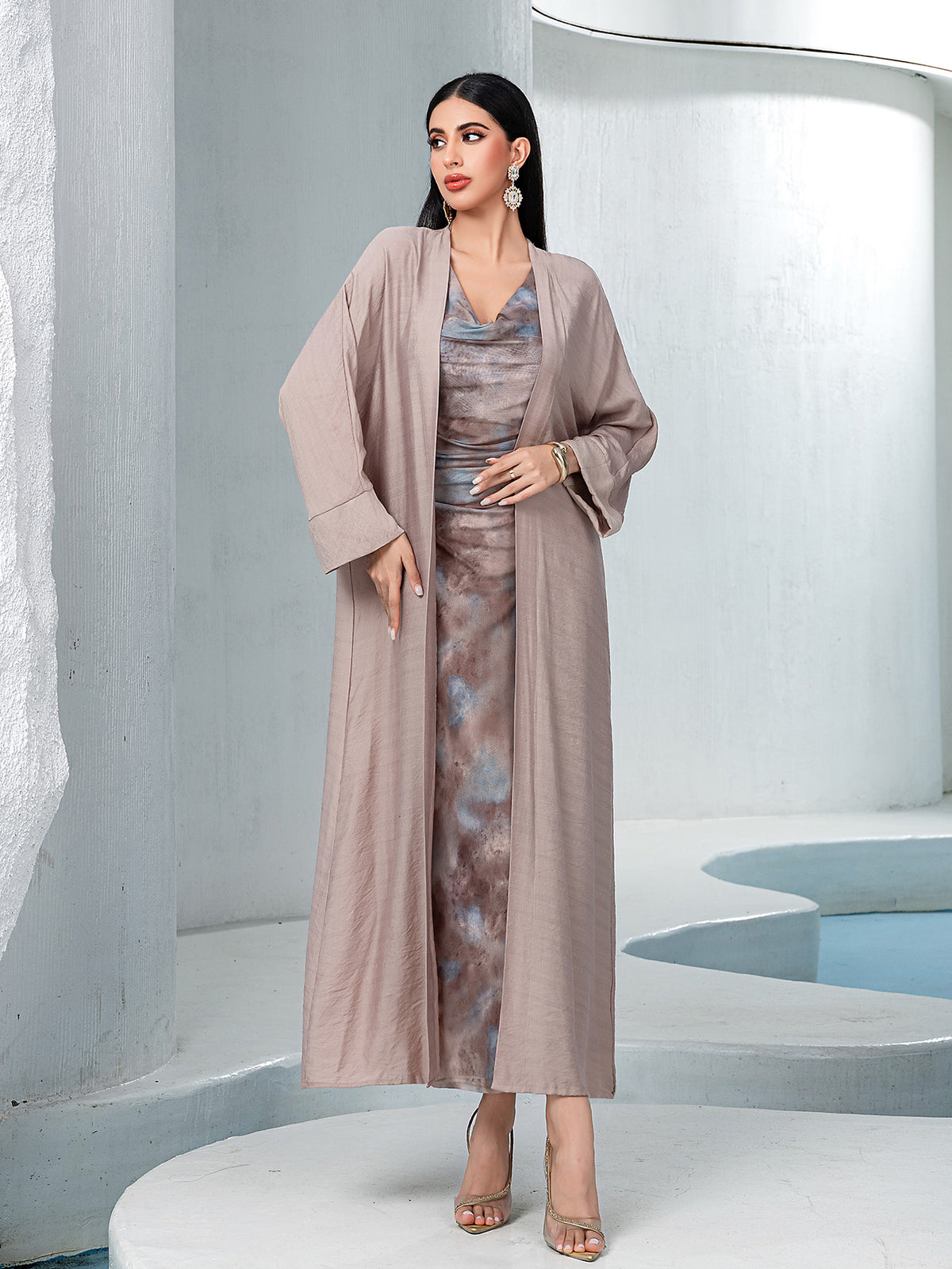 15169 Light Brown Abaya Set! Solid Outer Layer with Tie-Dye Inner Dress, Showcasing Sophisticated Minimalism