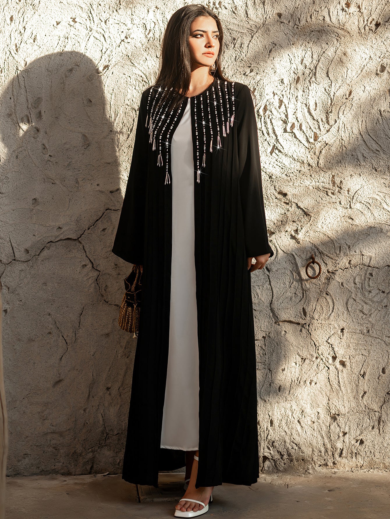 4083 Hand-Swen Bead Embellshments Rhinestone Long Abaya,  Elegant Rmantic Glamorous Vacation Fantasy Long Sleeve