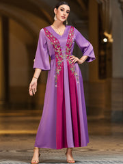 4060 Middle Eastern Style Purple Pink Contrast Embroidered Sequin 3/4 Sleeves Maxi Dress - Elegant Floral Decorated Long Gown