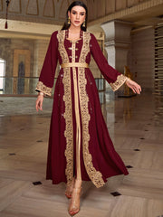 4023 Middle Eastern Style Burgundy Gold Embroidered Long Sleeve Maxi Dress - Elegant Lace-Trimmed Belted Gown