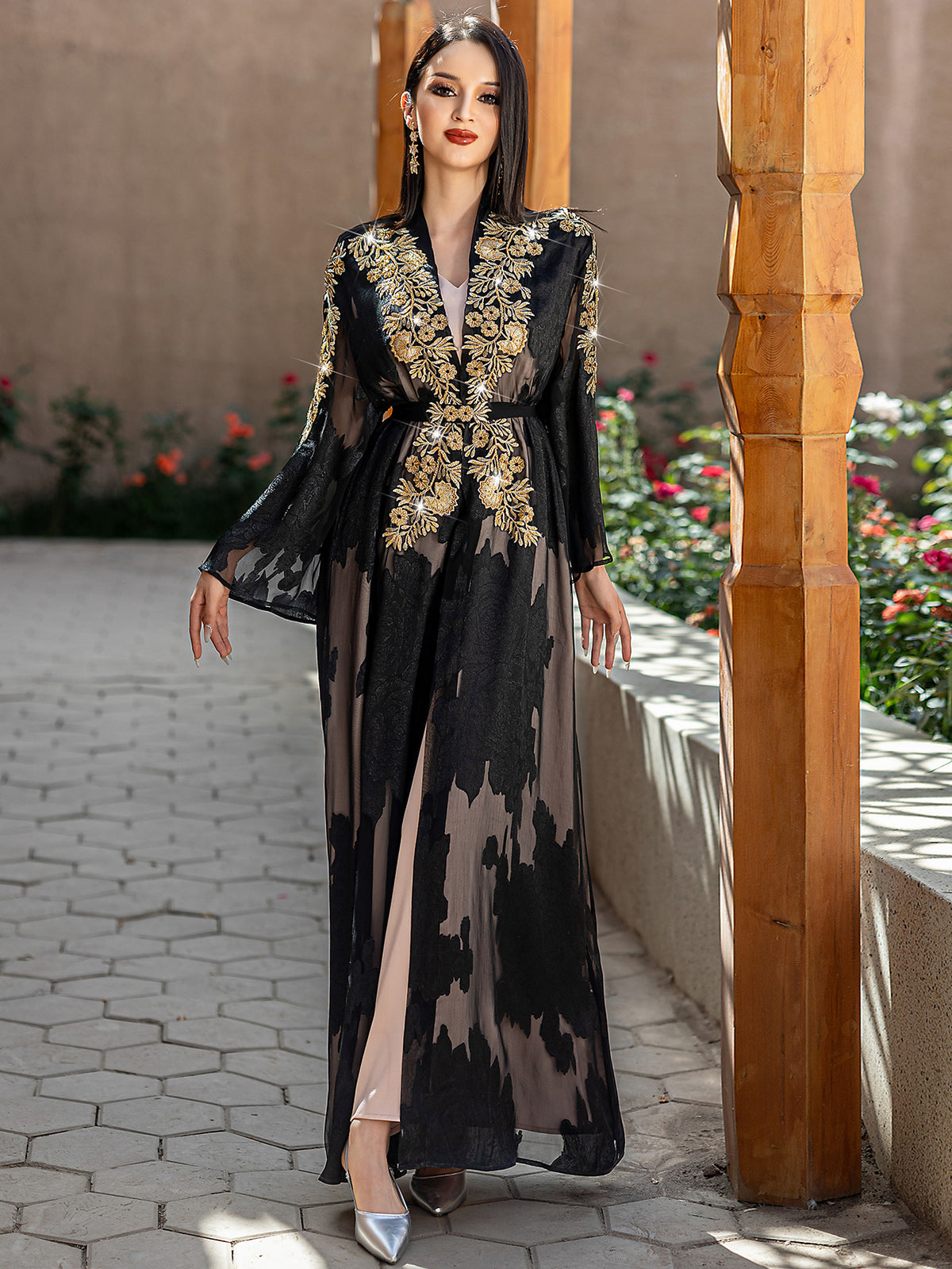 5228Arabic Two-Piece Abaya Dress | Black Sheer Embroidered Gown with Layered Silhouette