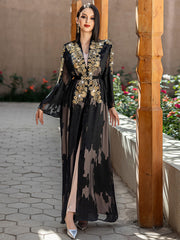 5228Arabic Two-Piece Abaya Dress | Black Sheer Embroidered Gown with Layered Silhouette