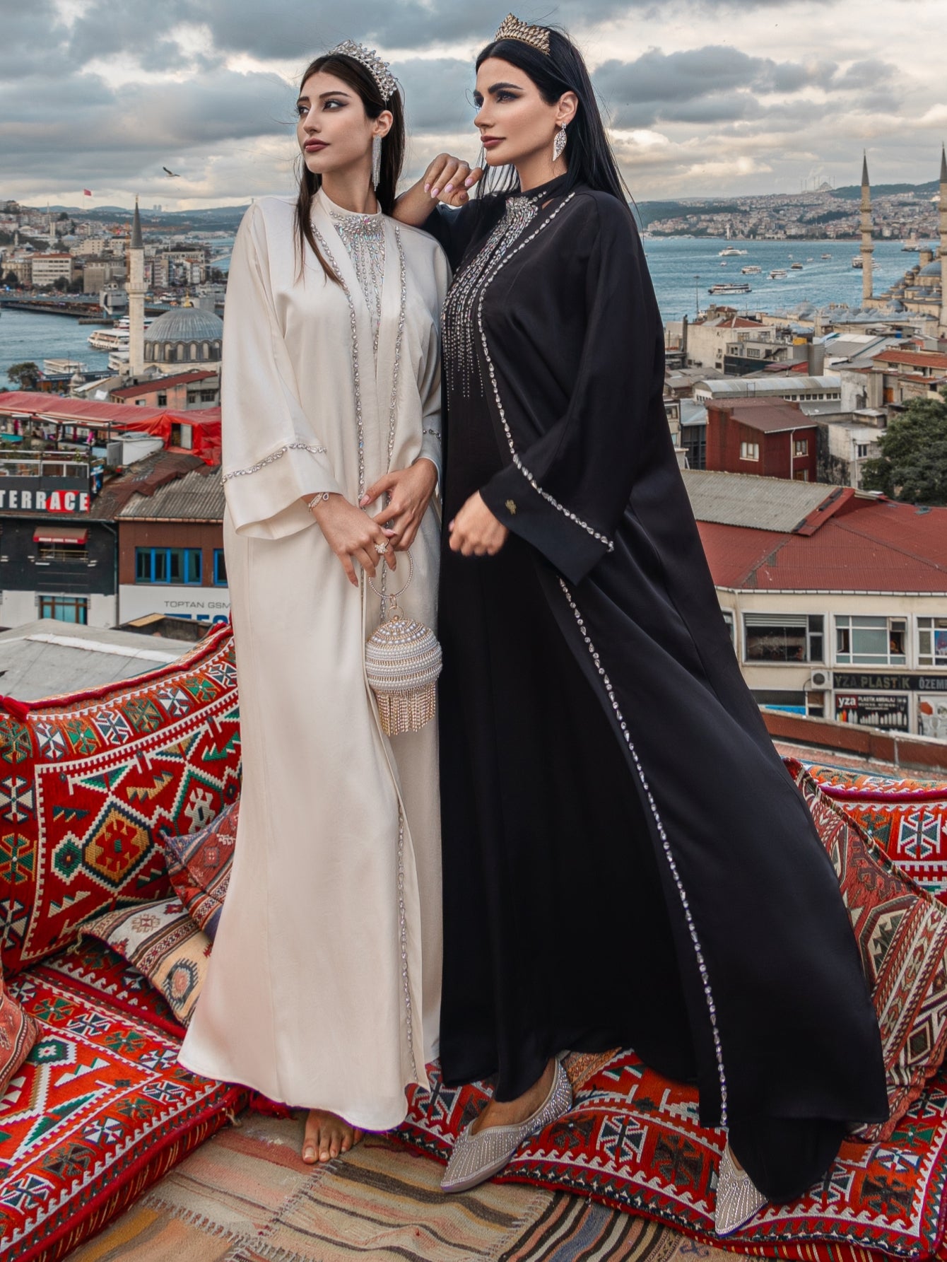 15113 black two-piece arabic robe, Middle Eastern kaftan fashion hand-sewn diamond dress skirt