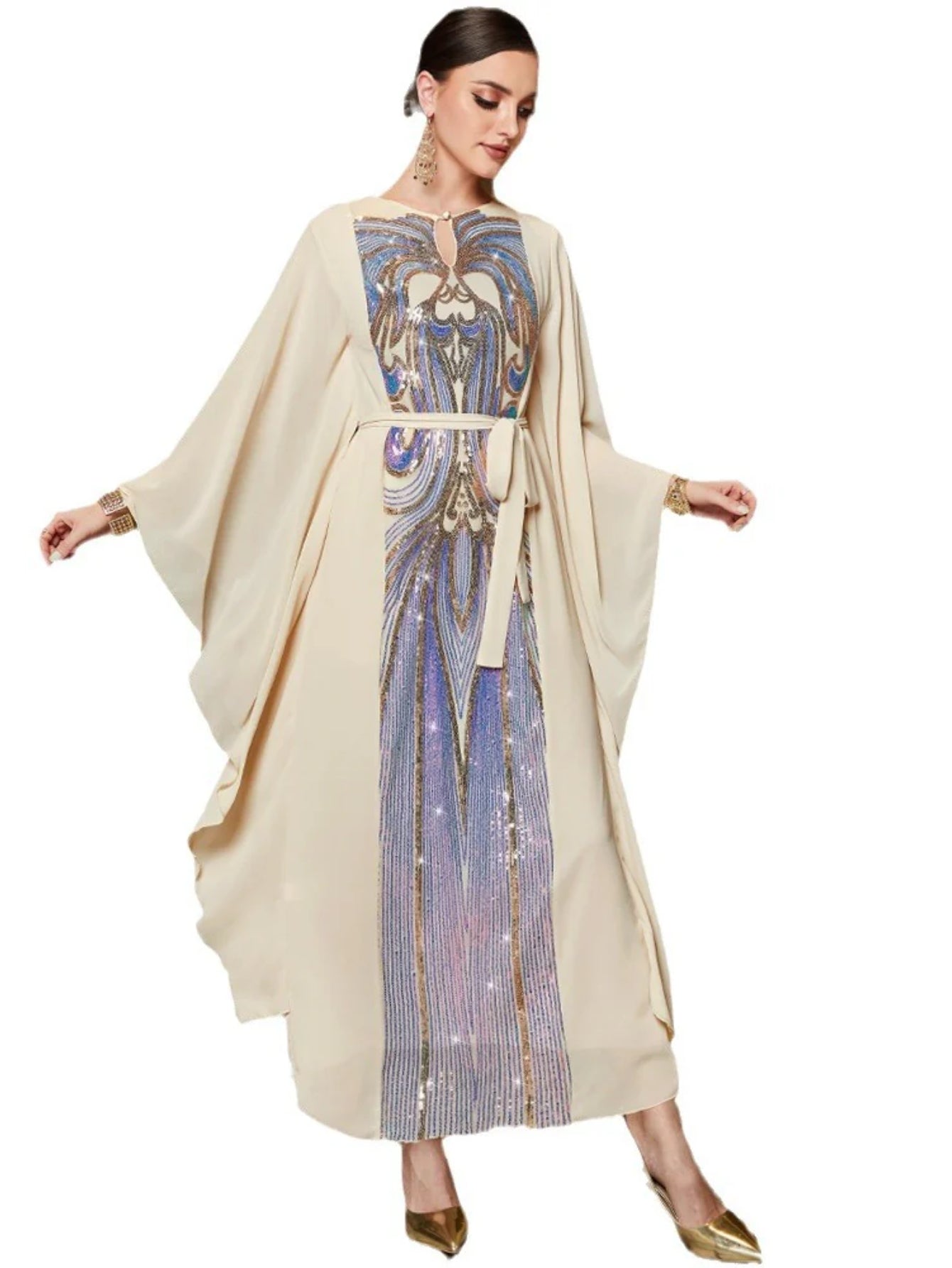 BA019 Beige Symphony Butterfly Sleeve Dress, Arabian Long Dress Middle East Women's Clothing