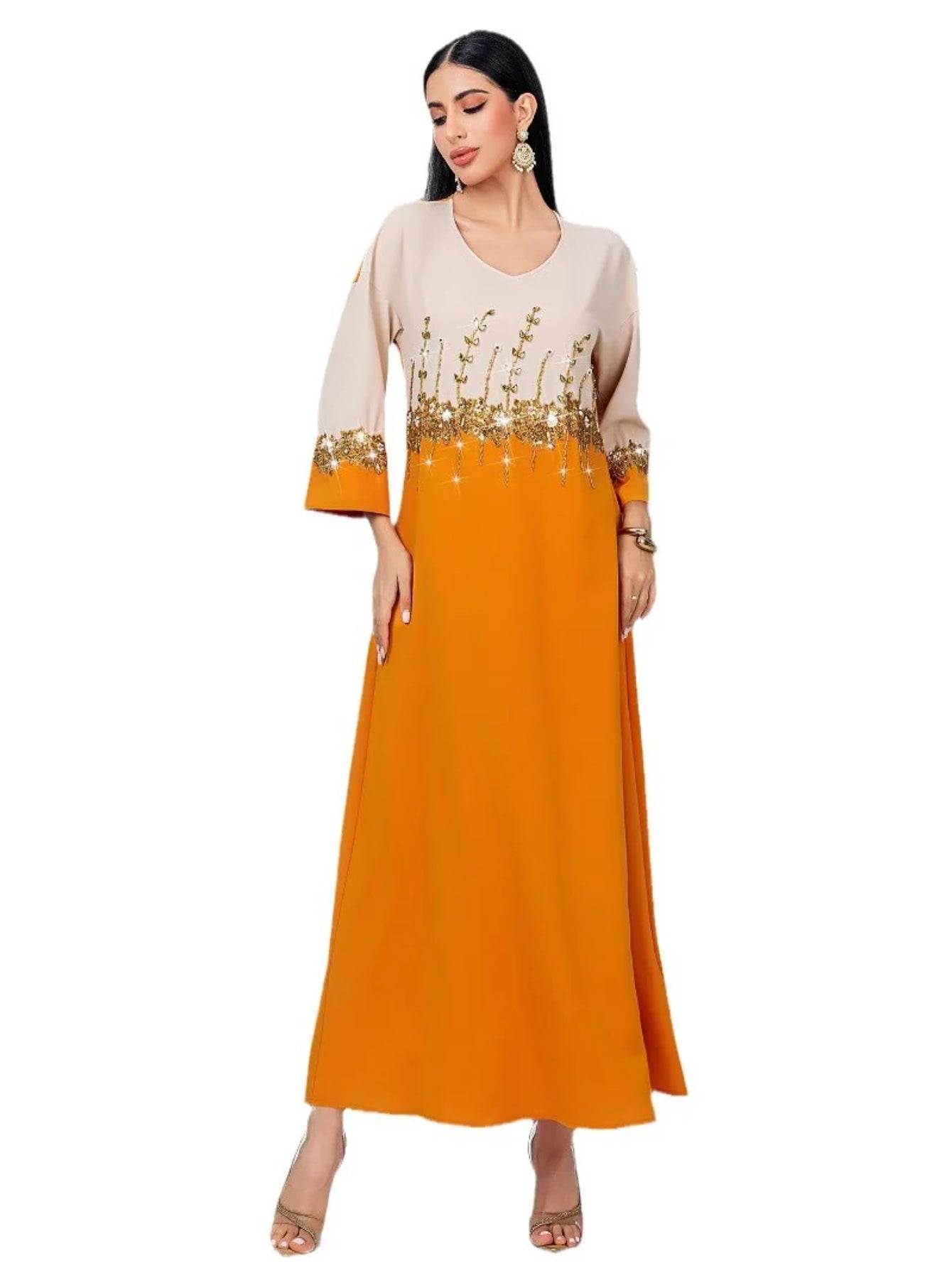 15138m Orange Double Spell Elegant A-shaped Skirt Middle East Banquet Long Skirt Women's Clothing