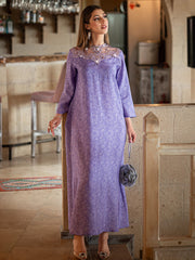15008 Lavender purple spliced neckline lace embroidered glass diamond printed robe