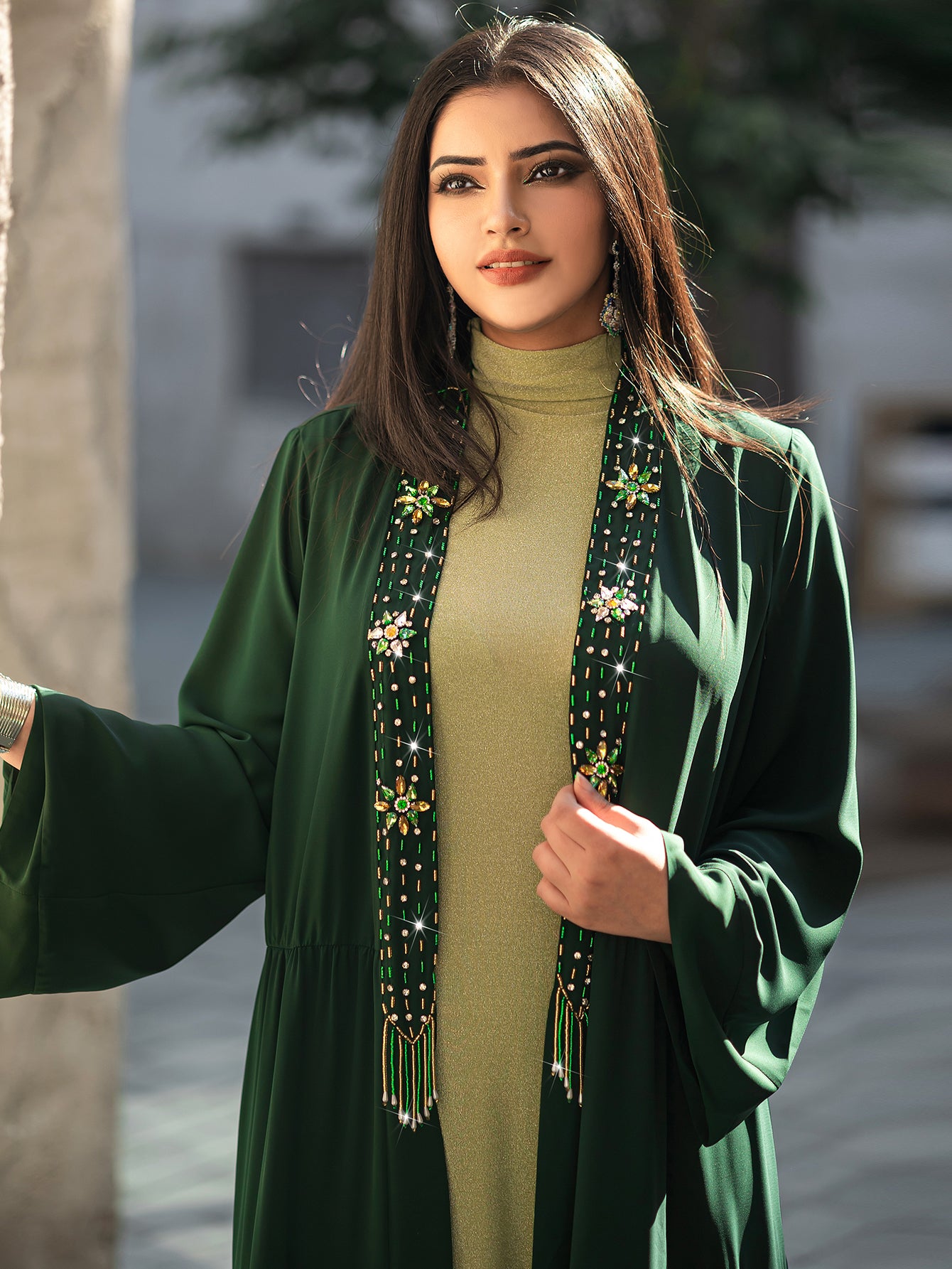 4079 Middle Eastern Style Dark Green Green Two-Piece Set - Colorful Embroidered Tassel Long Cardigan Dress & Inner Gown