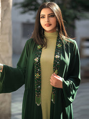 4079 Middle Eastern Style Dark Green Green Two-Piece Set - Colorful Embroidered Tassel Long Cardigan Dress & Inner Gown