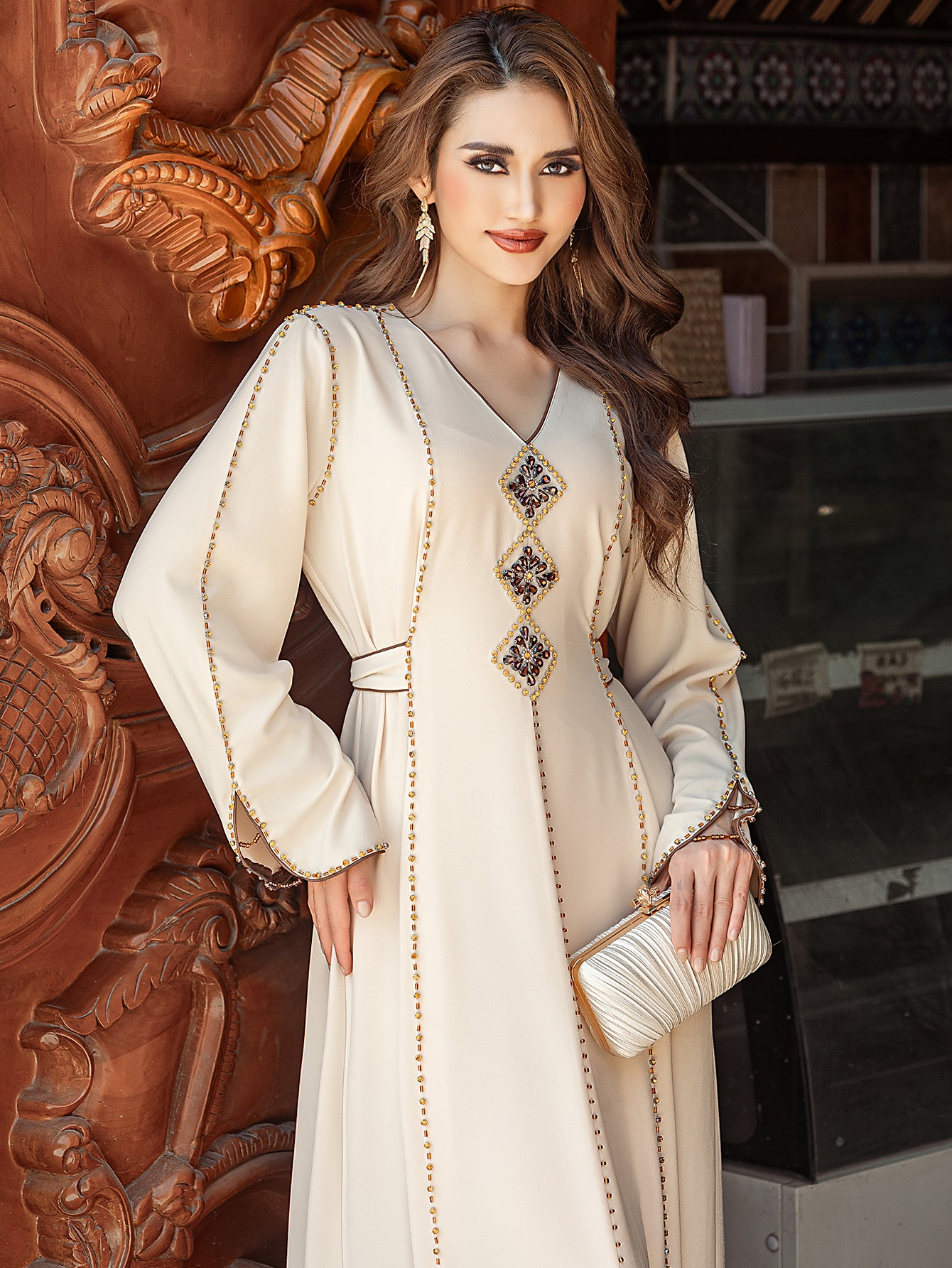 5206Beige Arabic Abaya Dress | V-Neck Gold Beaded Gown with Geometric Embroidery & Bell Sleeves