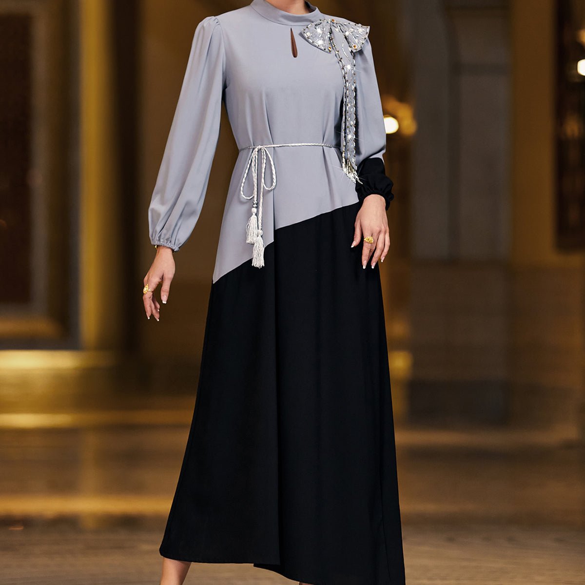 4071 Middle Eastern Style Grey Black Colorblock Sequin Embellished Puff Sleeve Maxi Dress - Elegant Belted Asymmetrical Gown